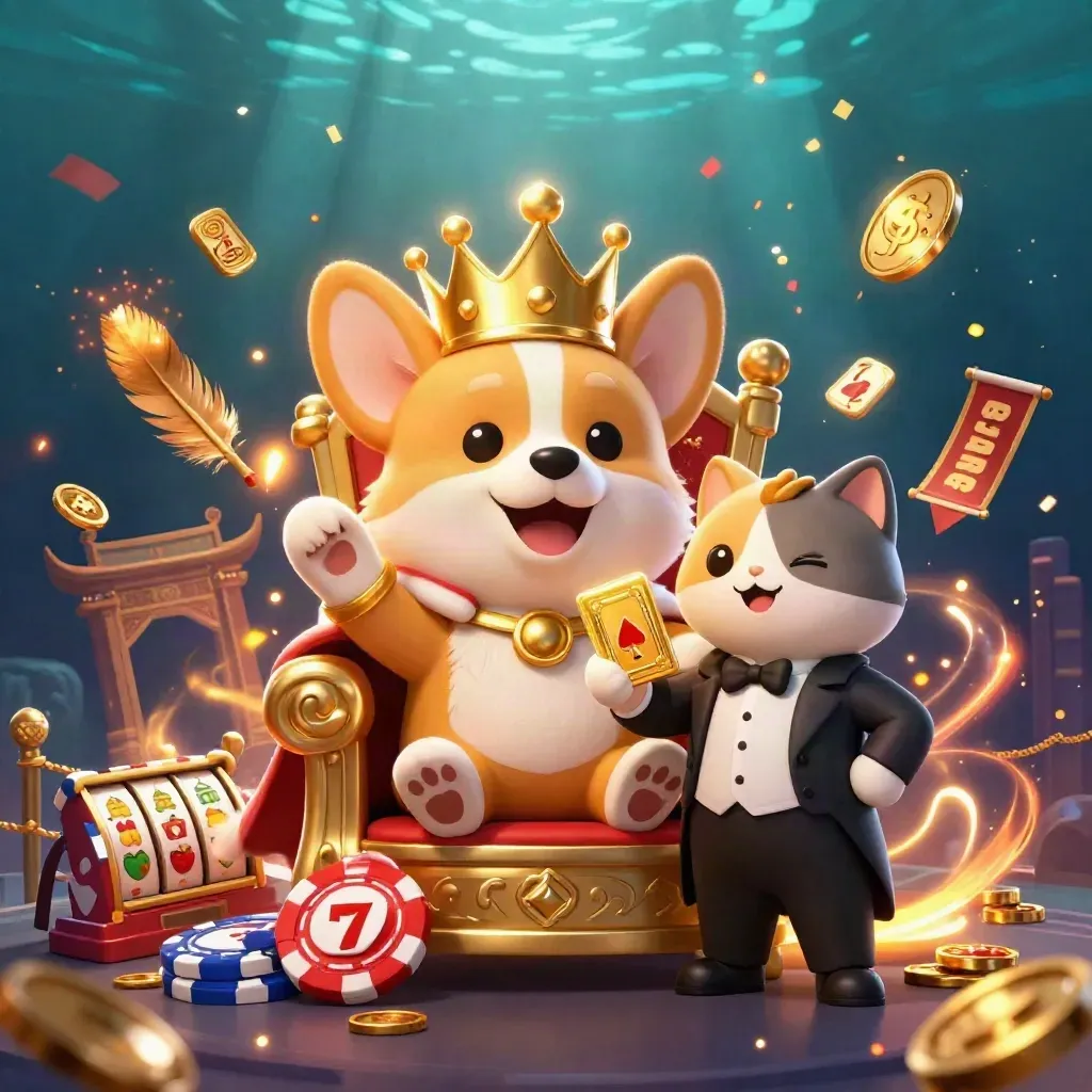 Royal corgi king and cat butler amid casino magic, chips, coins, and neon sparks.