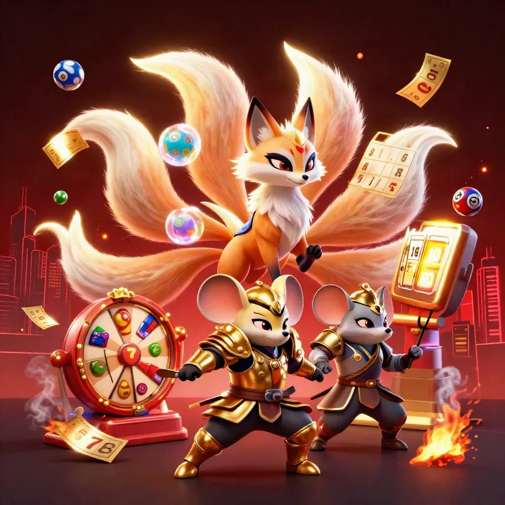 Nine-tailed fox spirit and armored mouse amid casino prizes in a dark neon burst.