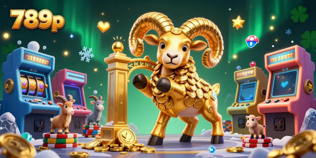 Experience the exciting 789p gaming atmosphere with a golden ram charging through colorful slot machines and vibrant casino elements.
