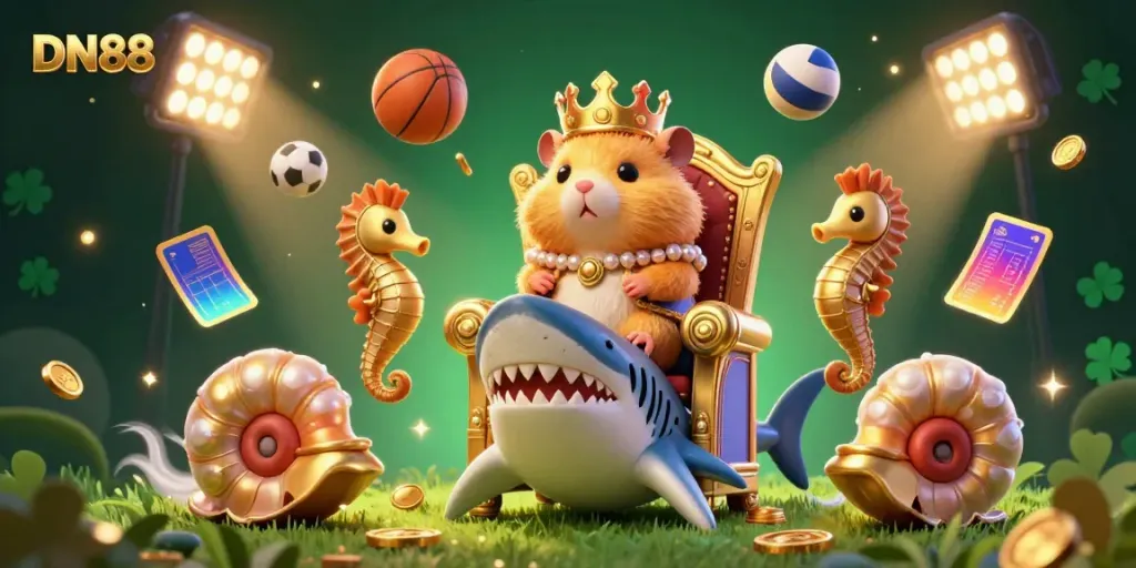Experience the excitement of DN88 with vibrant 3D visuals showcasing a hamster king and dynamic sports elements.