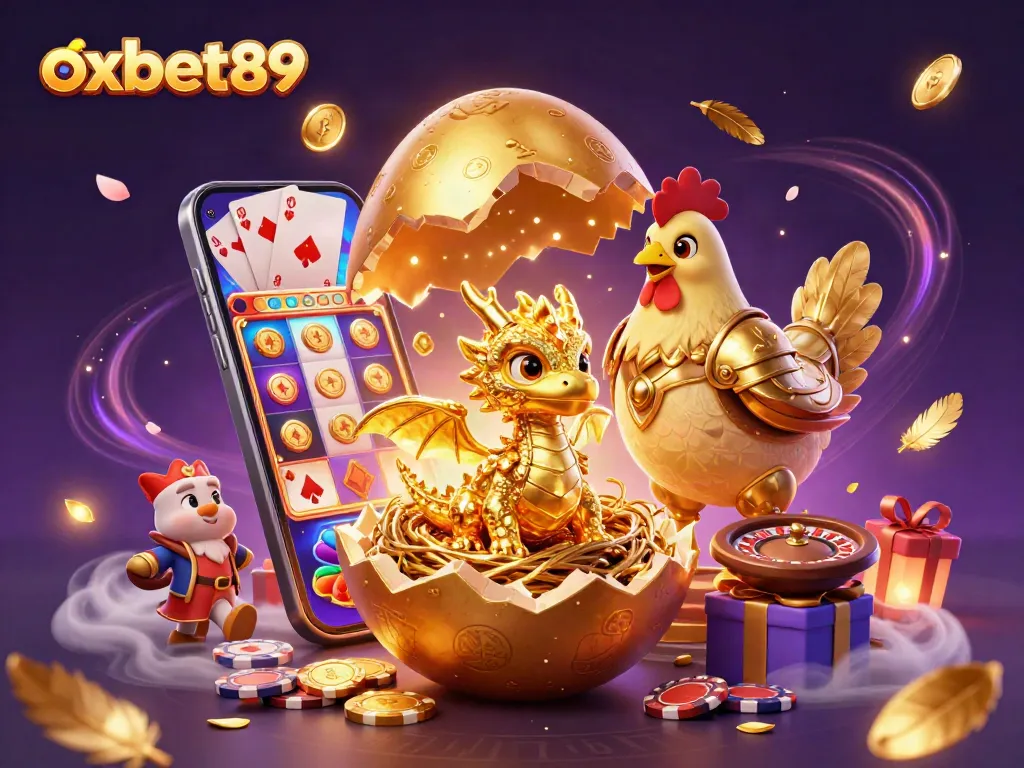 Experience golden winnings at oxbet89 with a dragon guarding poker chips and slot games.