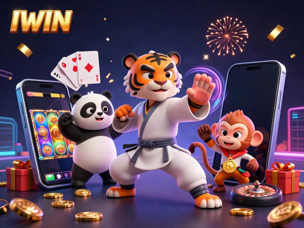 Experience IWIN excitement with a kung fu tiger in a vibrant casino scene filled with slots and gold coins.