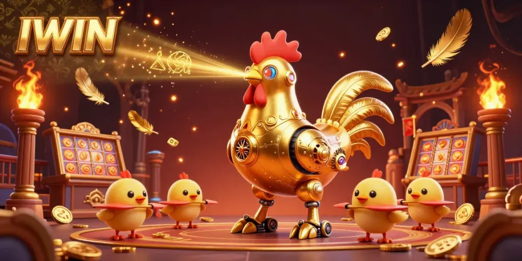 IWIN casino scene featuring a golden rooster robot and baby chick drones amidst slot reels and casino elements.