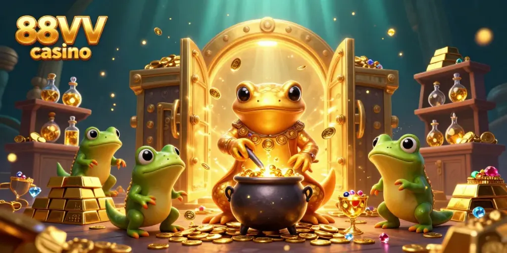 Engage with 88VV casino's magical gold transmutation scene featuring whimsical characters and treasure