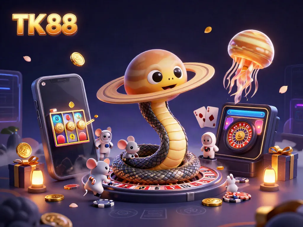 Engage in thrilling casino action with TK 88's vibrant cosmic gaming scene featuring a roulette wheel and hilarious astronaut mice.