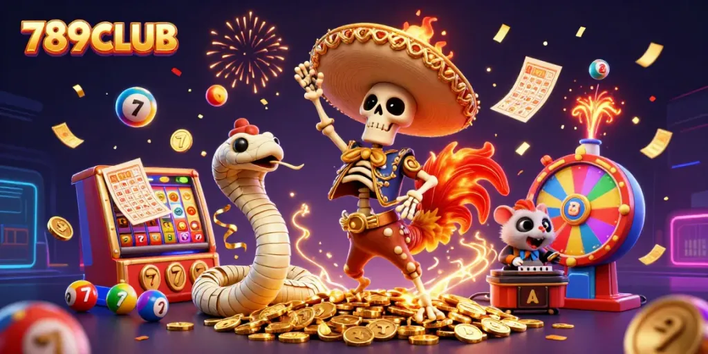Experience the thrill of gaming with 789CLUB in this vibrant, animated scene featuring dynamic casino elements.