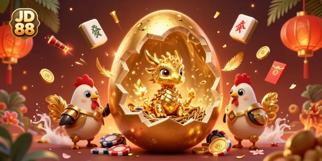 Experience the thrilling ambiance of JD 88 with golden dragons and vivid casino elements.