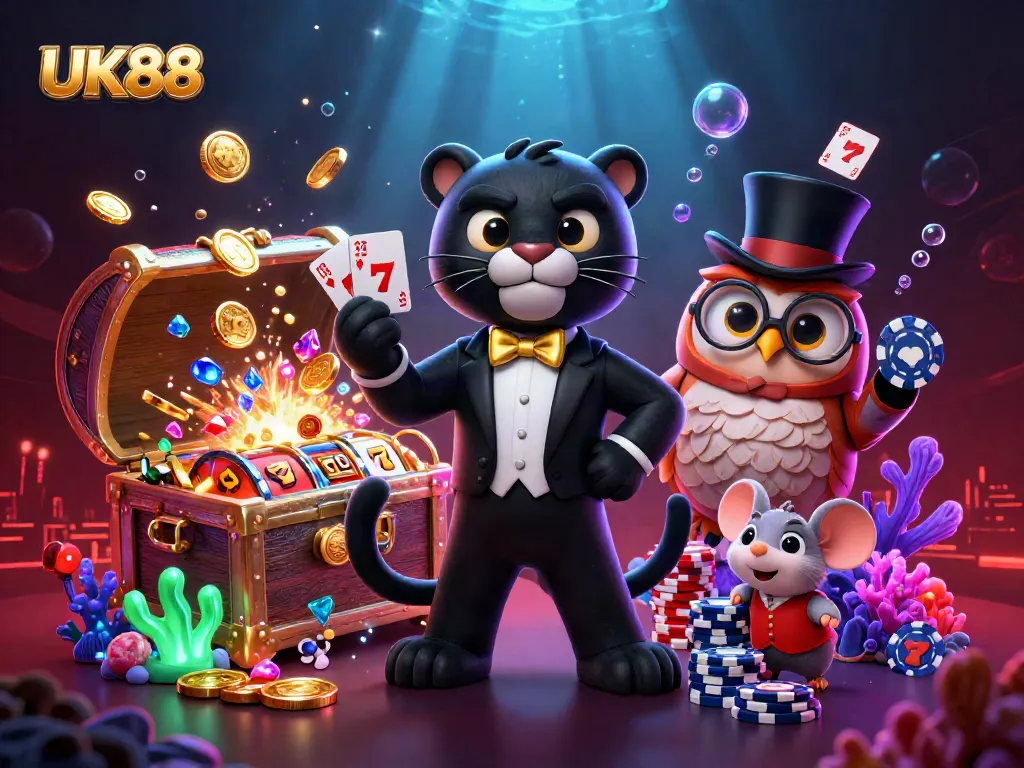 UK88 casino characters dealing cards and showcasing vibrant gaming elements in a 3D illustration