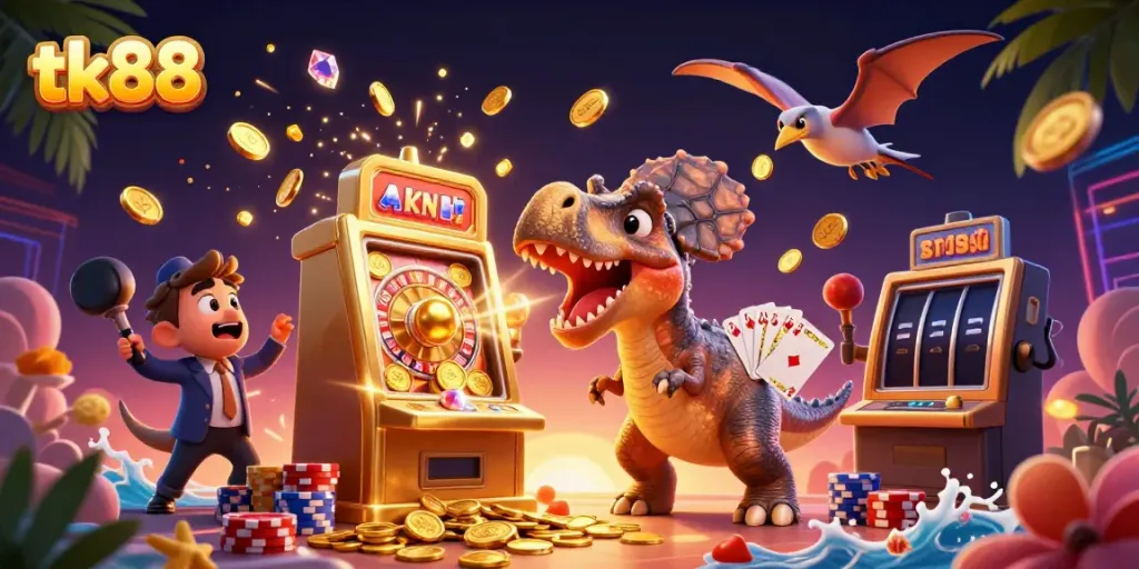 tk88 captures excitement with a pachycephalosaurus winning jackpot coins at a slot machine