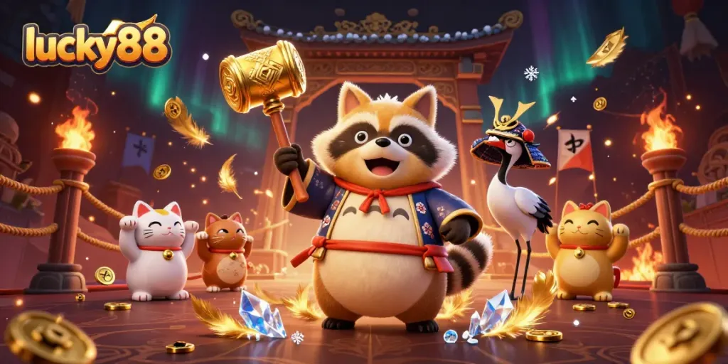 Bet on lucky88 with cheerful tanuki and fortune cats in a vibrant casino scene.