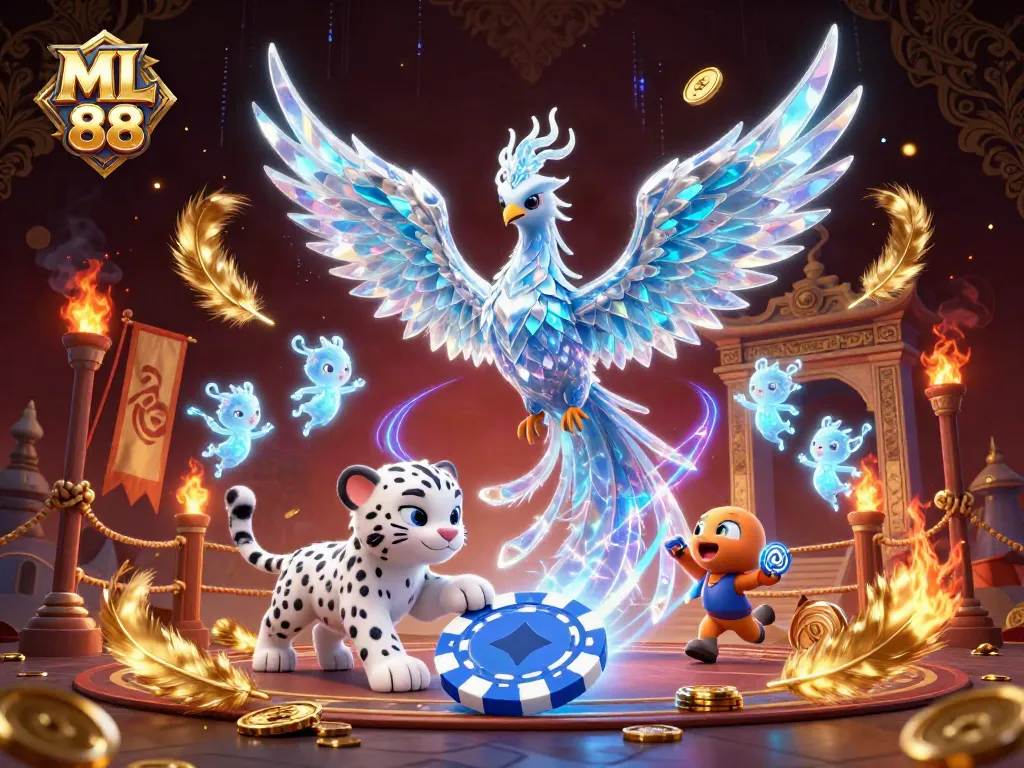 Experience thrilling moments at ML 88 with an enchanting 3D illustration of an ice phoenix, snow leopard, and ice sprites.