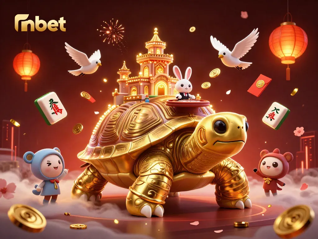 Experience the excitement of nbet with a whimsical casino scene featuring a golden tortoise and a rabbit dealer.