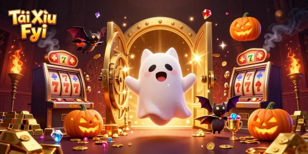 Tài Xỉu Fyi scene with a friendly ghost cat and vampire bat amidst casino symbols, showcasing a vibrant and engaging atmosphere.