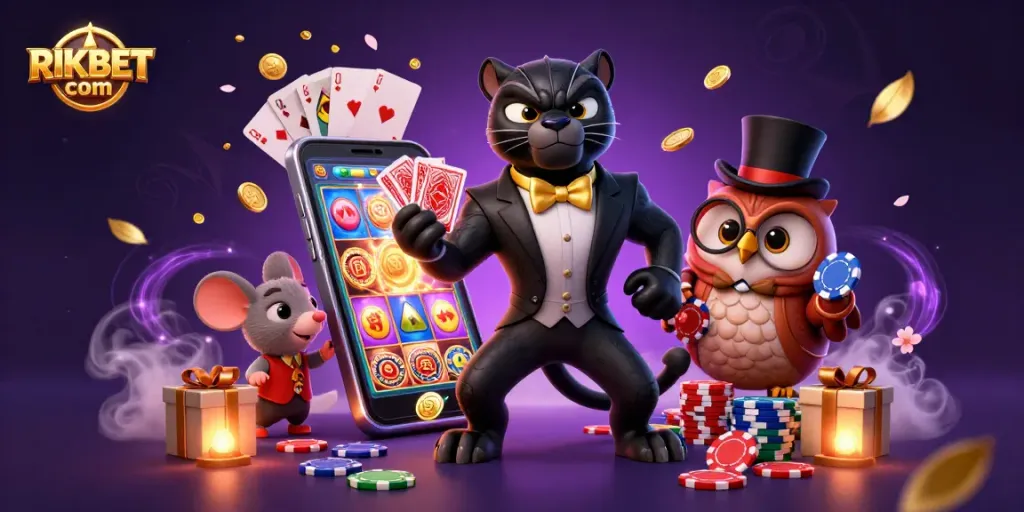 Experience dynamic gaming thrills with RIKBET com's engaging 3D cartoon characters in a bustling casino atmosphere.