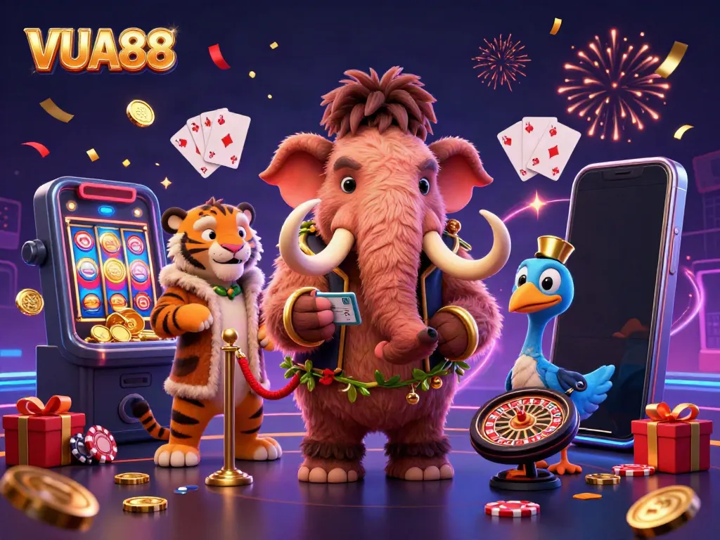 Experience thrilling gameplay at VUA88 with our vibrant casino invitation featuring energetic characters and games.