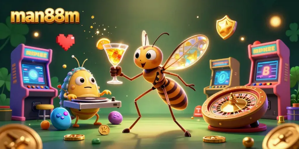 Experience thrilling gameplay with man88m as a cartoon mosquito mascot in a vibrant casino scene.