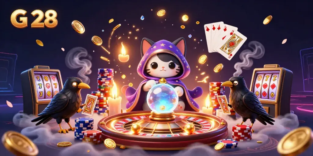 Engage with G 28 as the fortune teller cat predicts wins in a vibrant casino scene.