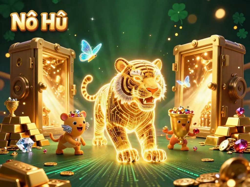 Experience thrilling wins at Nổ Hũ, with an ultra-detailed digital casino scene showcasing energetic gameplay and treasures.