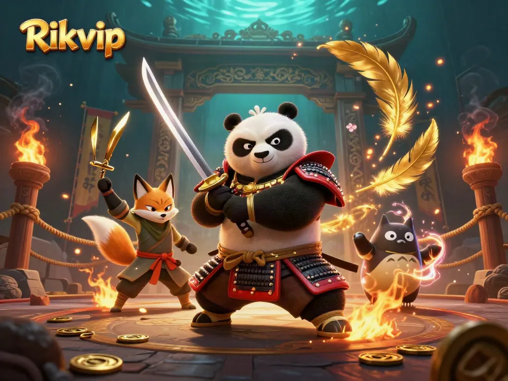 Rikvip players engage in thrilling gameplay, featuring samurai panda and ninja fox in a dynamic casino setting.