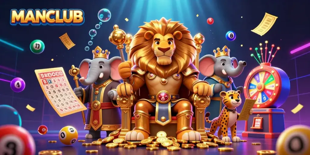 MANCLUB invites players to enjoy vibrant gambling elements with a dynamic casino scene featuring a lion king and his advisors.