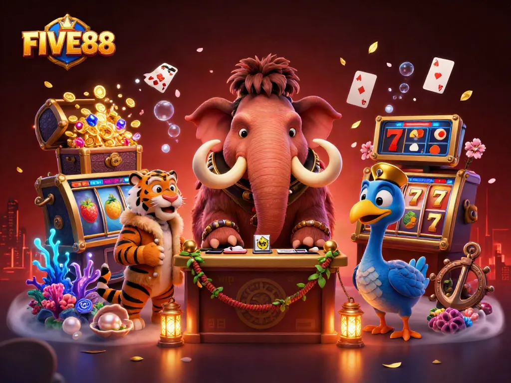 Experience the excitement of FIVE88 with a unique casino illustration featuring vibrant characters and elements.
