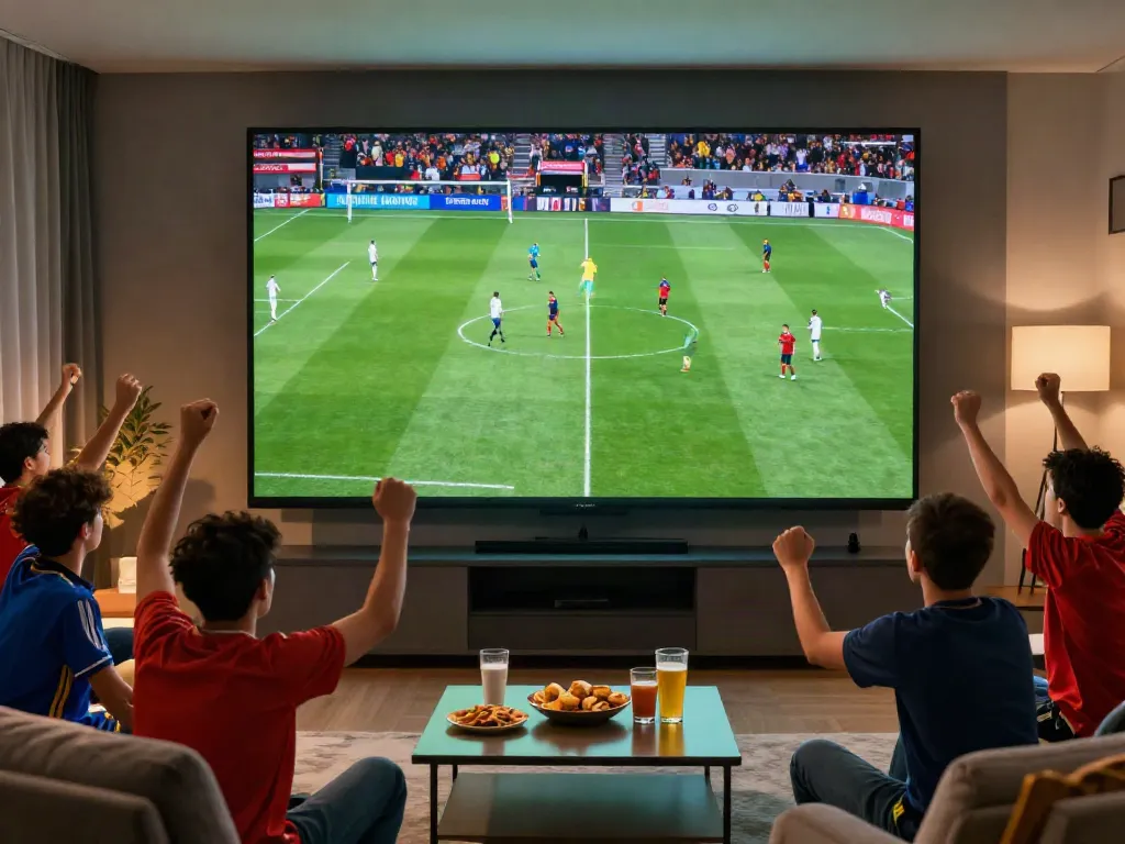 Fans enjoying a thrilling football match on cakhiatv in a lively home setting.