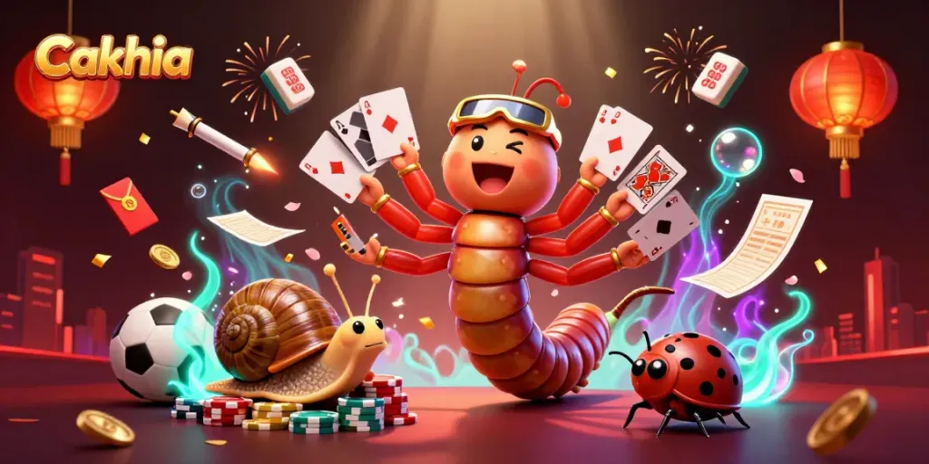 Cakhia sports betting scene with a lively millipede dealer showcasing cards and a snail player pushing chips