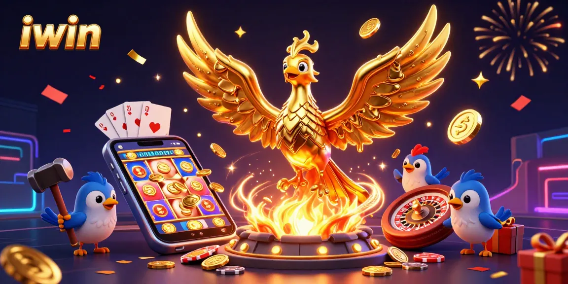 Experience the thrill of winning with iwin as a golden phoenix inspires fortune in this vibrant digital casino illustration.