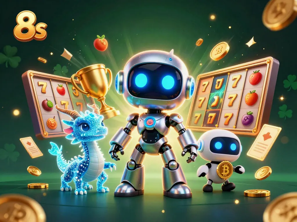 Engage in thrilling slots gameplay with the 8s casino illustration showcasing dynamic robot and dragon characters.