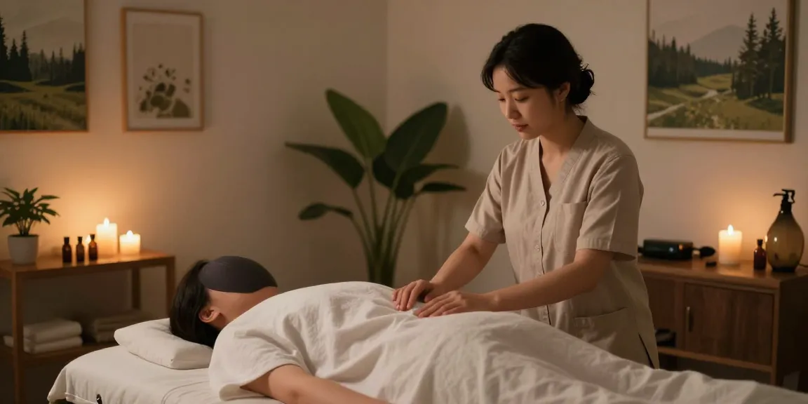 Relaxation therapy scene featuring 안양출장안마, calming atmosphere with candles and serene plants.