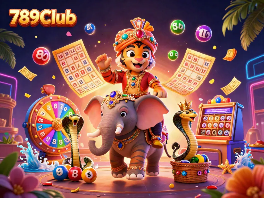 Engage in immersive gaming action at 789Club with vibrant illustrations symbolizing lottery excitement and prizes.