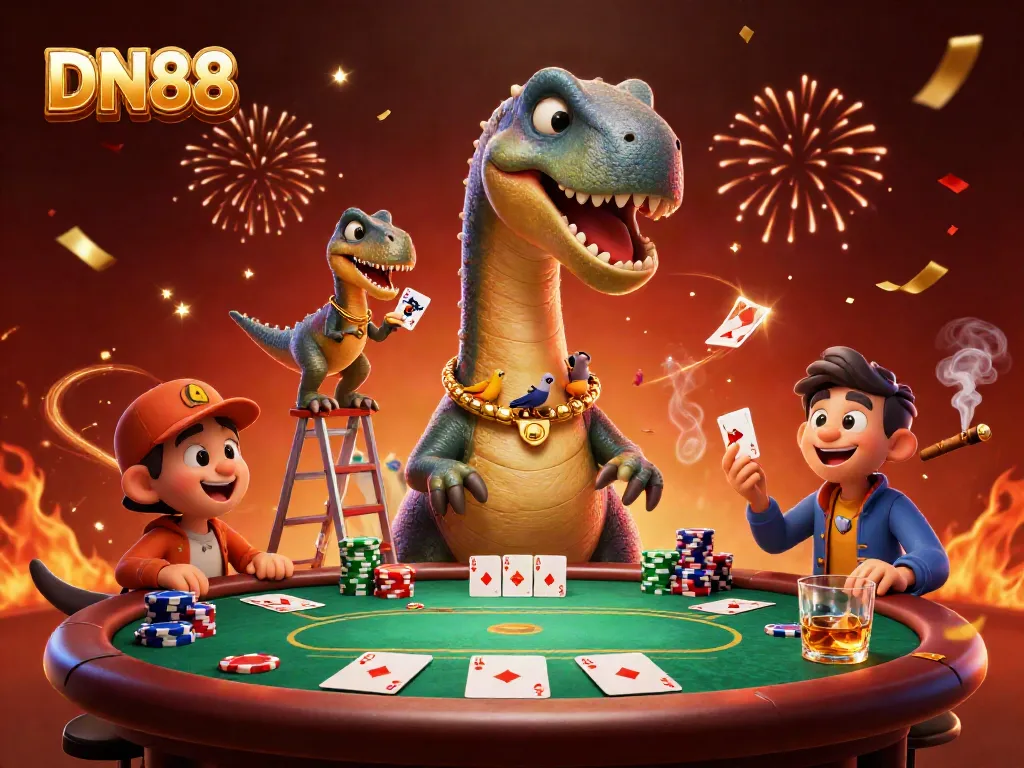 Join the excitement at DN88 with a whimsical 3D scene of a brontosaurus and raptor in a lively casino setting.