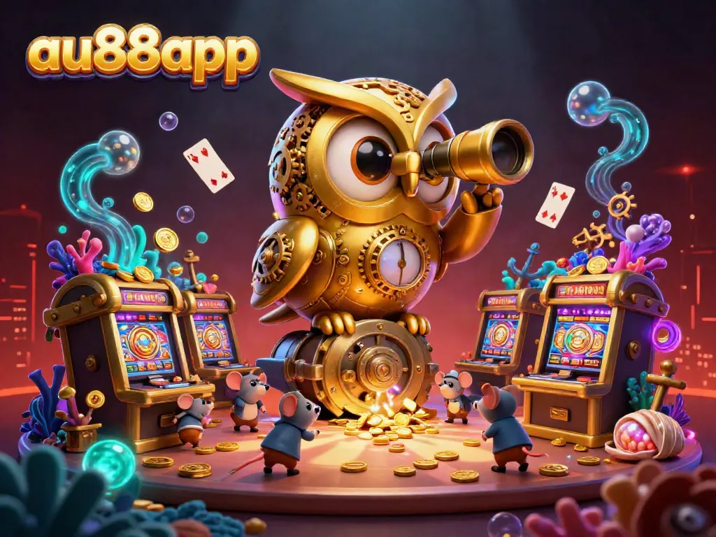 Experience excitement at au88app with a golden owl observing the lively casino floor surrounded by vibrant game elements.