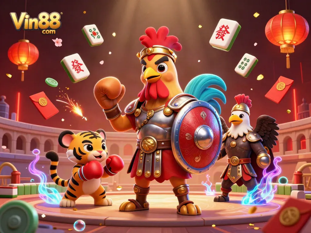 Engage with exciting games at Vin88 com, featuring a dynamic cartoon scene of a gladiator rooster and friends promoting thrilling casino action.