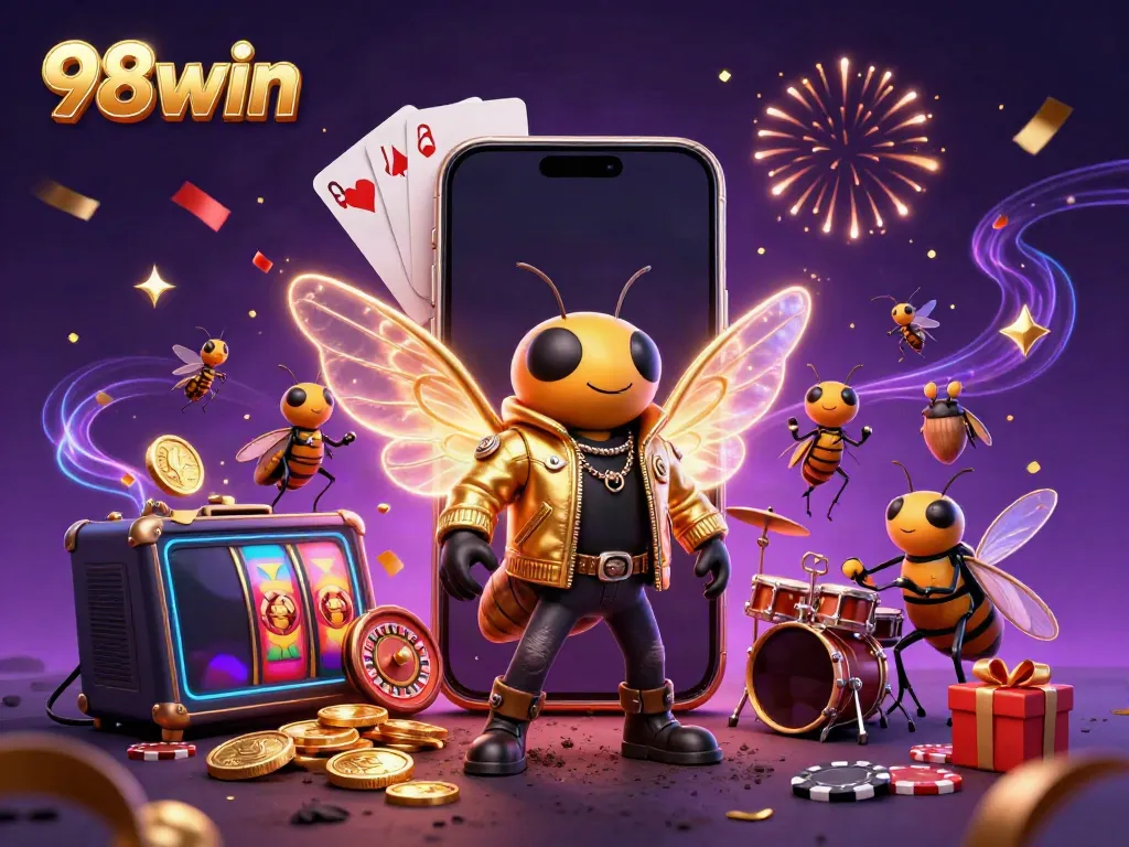 Experience thrilling gameplay at 98win with a vibrant visualization of a casino scene featuring action-packed characters and slot games.