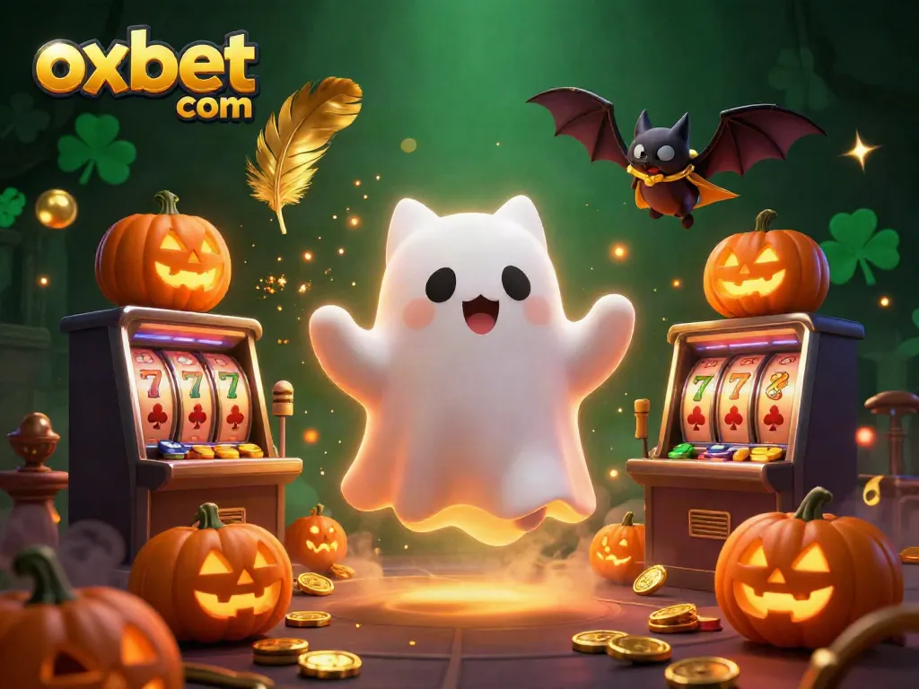 Join the excitement at oxbet com with a ghost cat navigating a haunted casino filled with jackpots and glowing tokens.