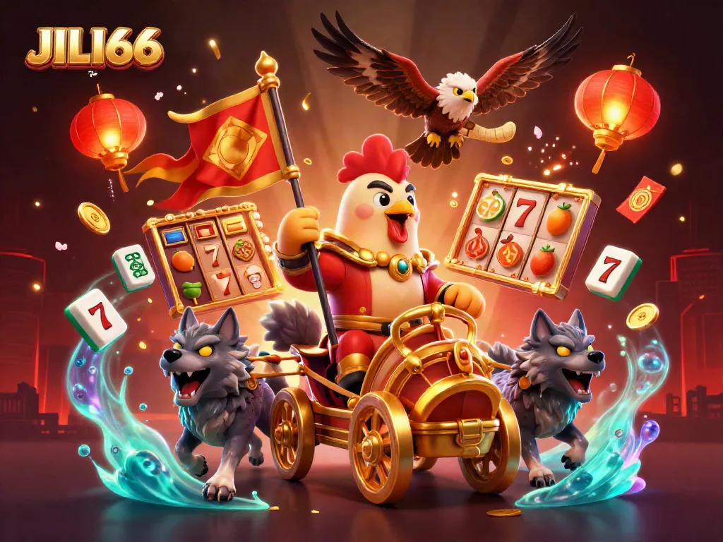 Engage in thrilling games at JILI66 with a vibrant 3D casino scene featuring iconic symbols.