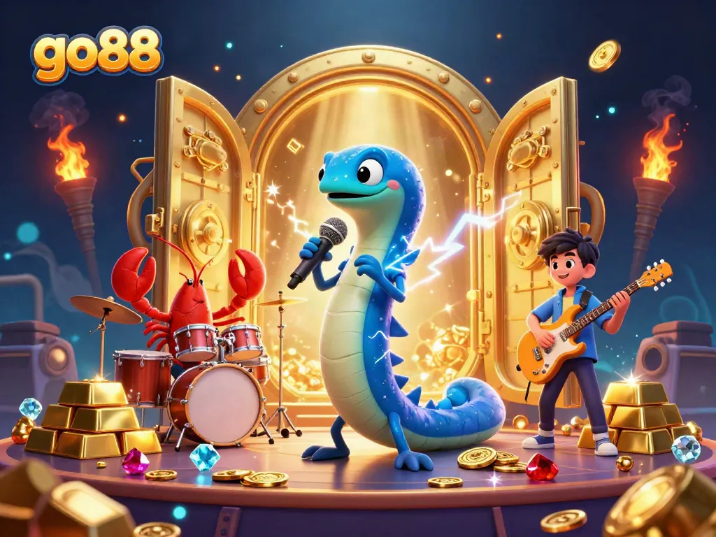 Witness go88's electrifying underwater casino performance featuring a DJ eel, drummer lobster, and guitarist seahorse against a backdrop of treasures.