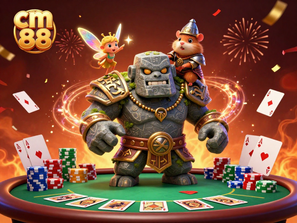 Engage in thrilling action with cm 88 featuring a mystical golem, a fairy, and a hamster knight at a vibrant casino!
