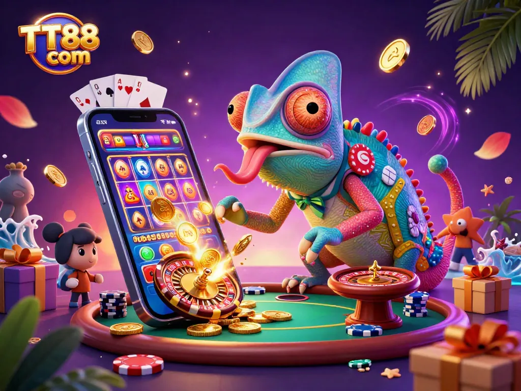 Engage in thrilling games at TT88 com with our vibrant online casino showcasing colorful slot games, poker elements, and fun