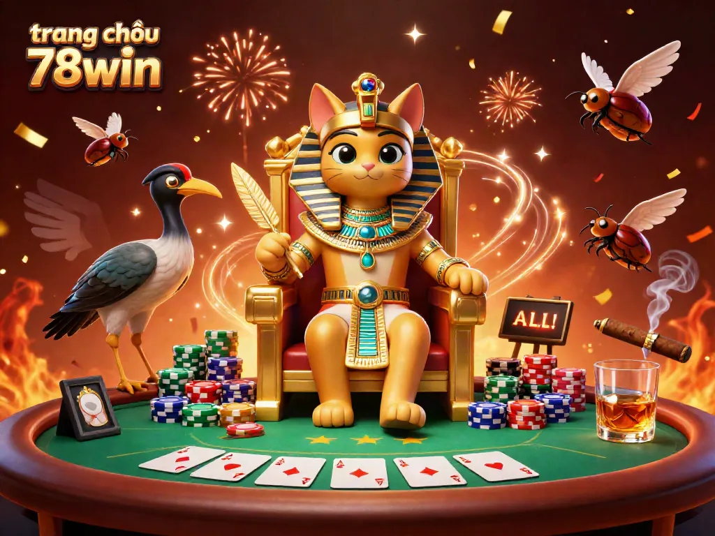 Engage with the vibrant world of trang chủ 78win, showcasing an Egyptian pharaoh cat in a gambling theme.
