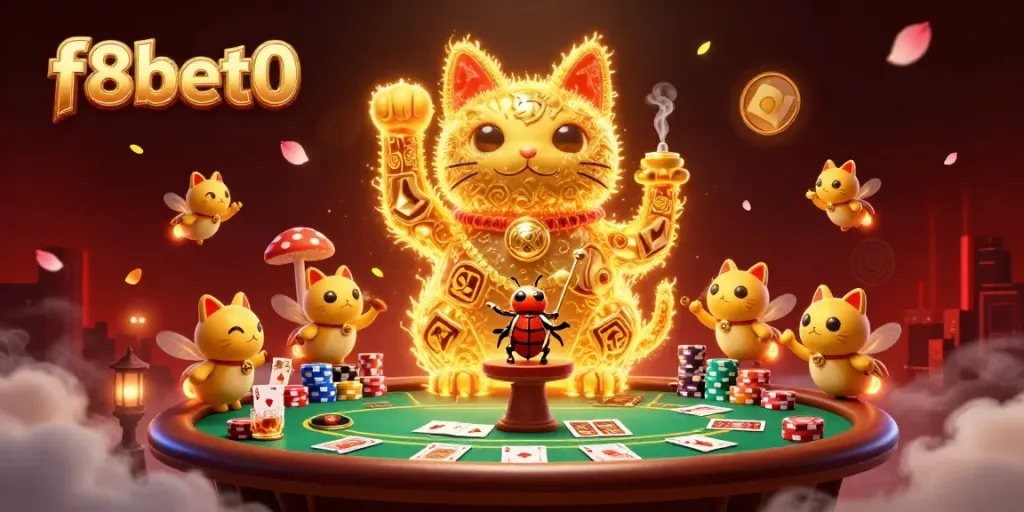 Experience f8bet0 with a vibrant casino scene featuring a lucky cat and poker elements.