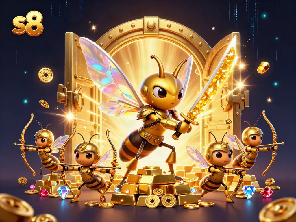 Experience the thrill of s8 with a golden hornet warrior in a vibrant casino adventure scene.