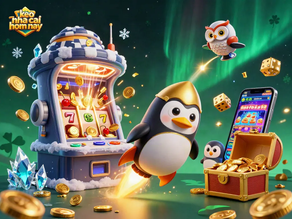Bet on "keo nha cai hom nay" with a fast-paced 3D illustration featuring a golden penguin and casino elements.