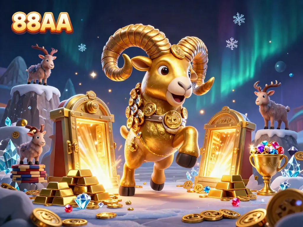 Experience thrilling wins at 88AA with a golden ram charging through a treasure-filled casino scene.