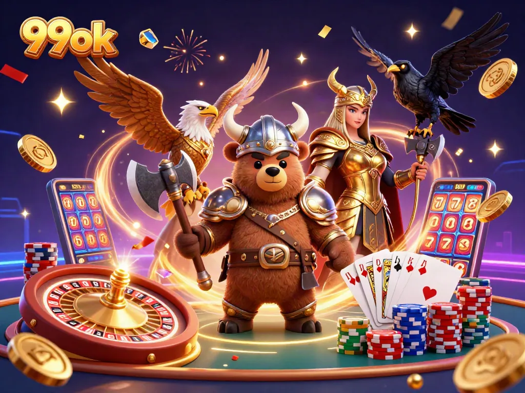 Engage in epic betting adventures at 99ok with Viking-themed illustrations and dynamic game elements.