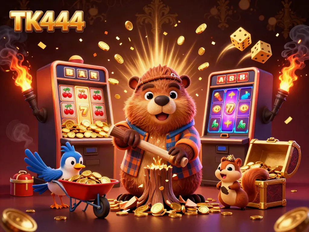 Engaging TK444 casino illustration showcasing a cartoon beaver winning coins from a slot machine.