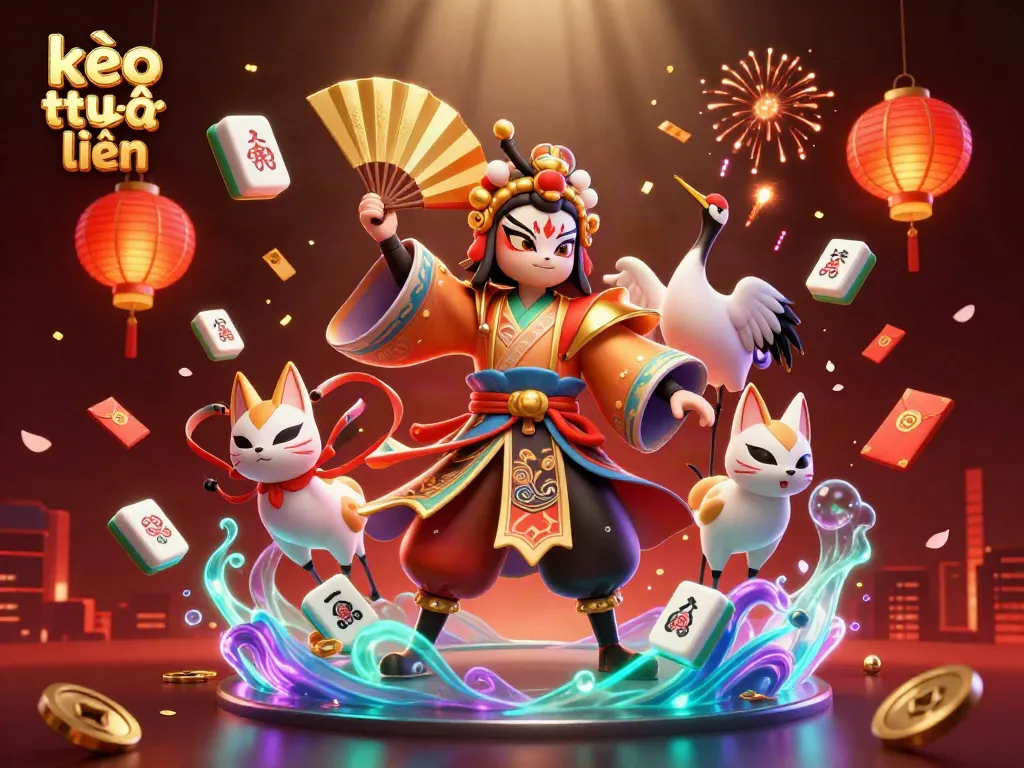 Experience kèo trực tuyến in a vibrant scene with kabuki characters and dynamic casino elements.