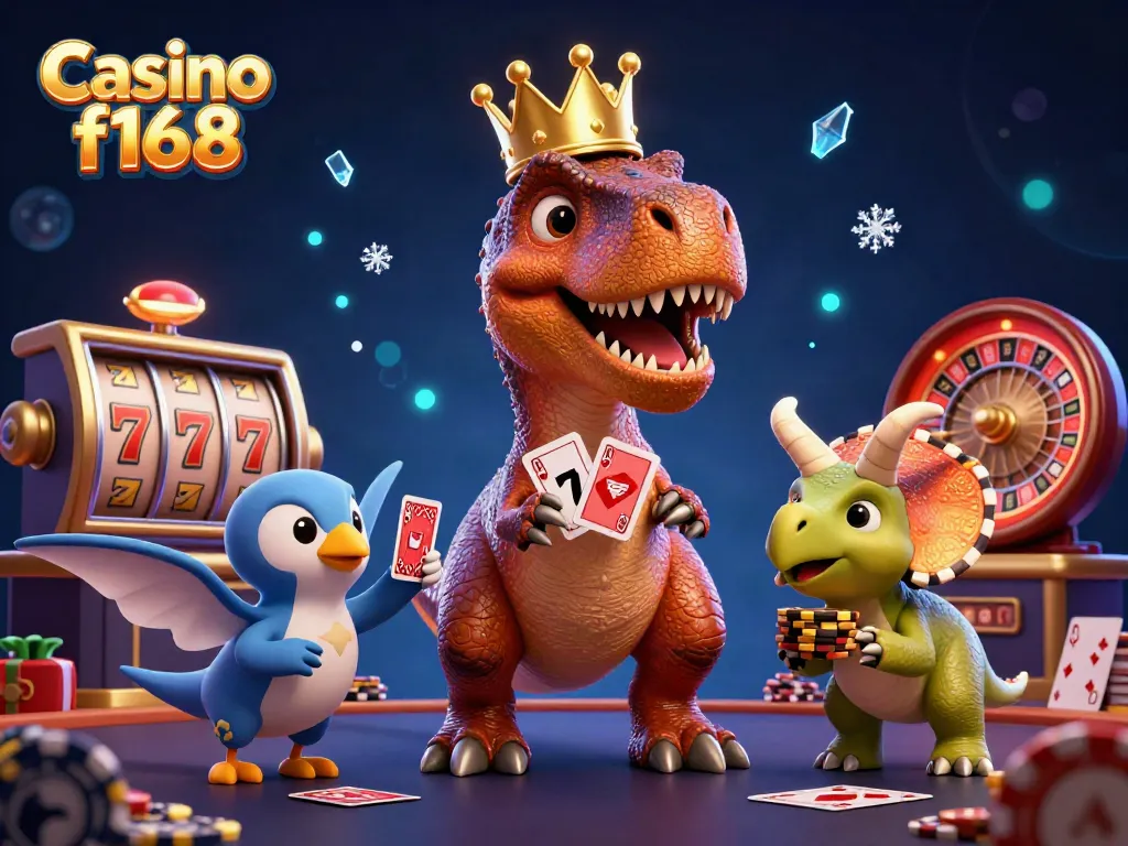 Engage in thrilling gameplay with Casino f168, featuring a T-Rex shuffling cards and showcasing vibrant casino elements.