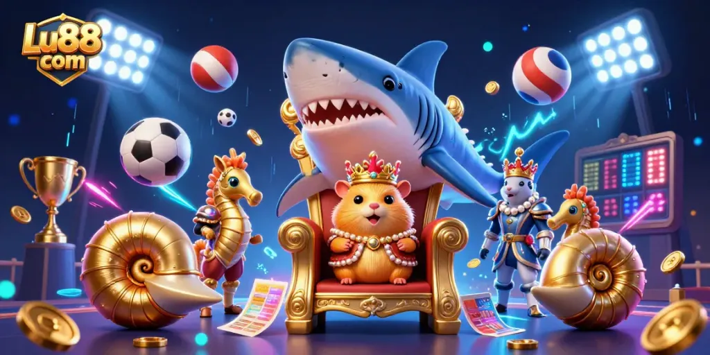 Venture into the thrilling world of Lu88 com with a golden hamster king ruling over an energetic, dynamic casino scene.